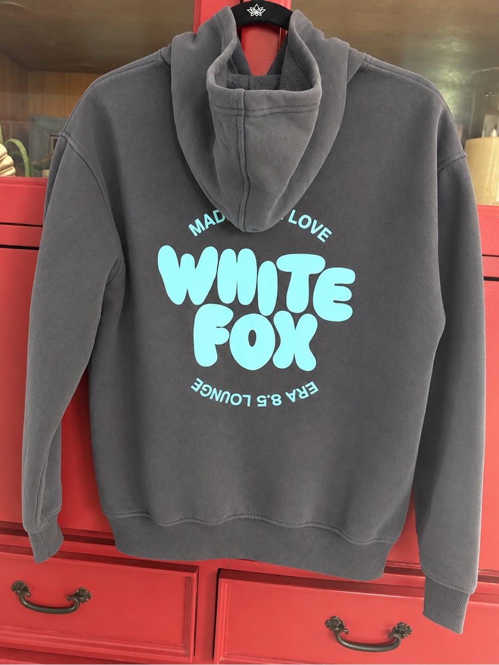 White Fox Boutique Charcoal Hoodie with Aqua Graphic